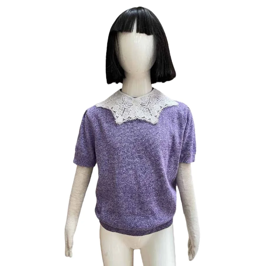 2023 fashion girls  stylish short sleeve summer t-shirt lace collar  purple color knitting baby t-shirts