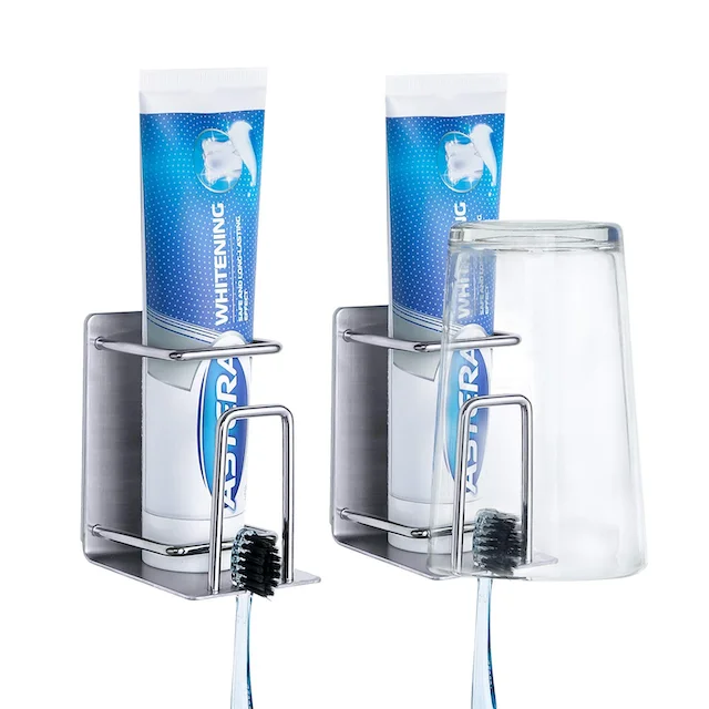 SelfTek 5 piezas Soporte para cepillo de dientes Taza de pasta de dientes montada en la pared y soporte para maquinilla de afeitar Adhesivo fuerte de acero inoxidable para baño 