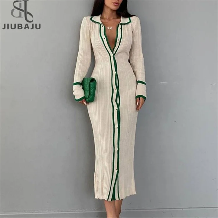 Knitted Color Patchwork Slim Cardigan Dress Women Autumn Turn Down Collar Long Sleeve Single Breasted High Waist Maxi Dresses
