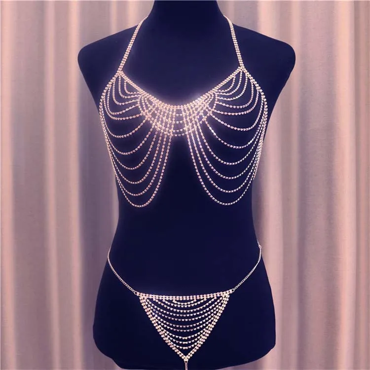 Rhinestone Bra Panty Body Chain Set Body Harness Jewelry Underwear