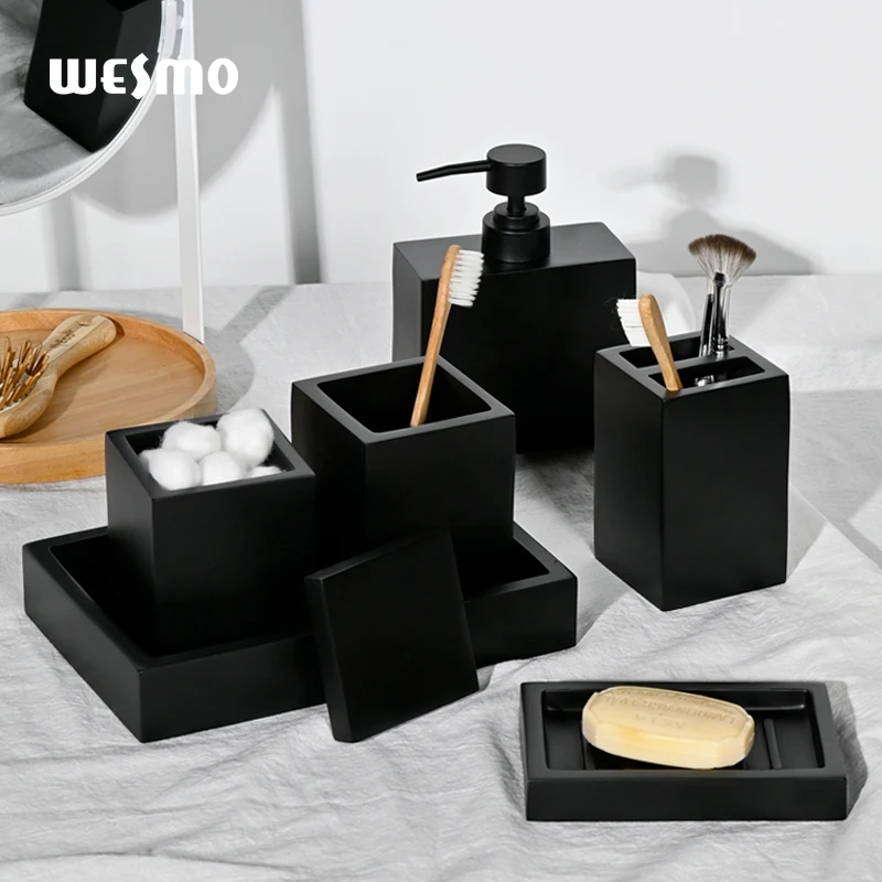 Custom Polyresin Soap Set Dispenser Bathroom Kit Tissue Boxes For Hotel 5 Piece Set resin bathroom accessories set
