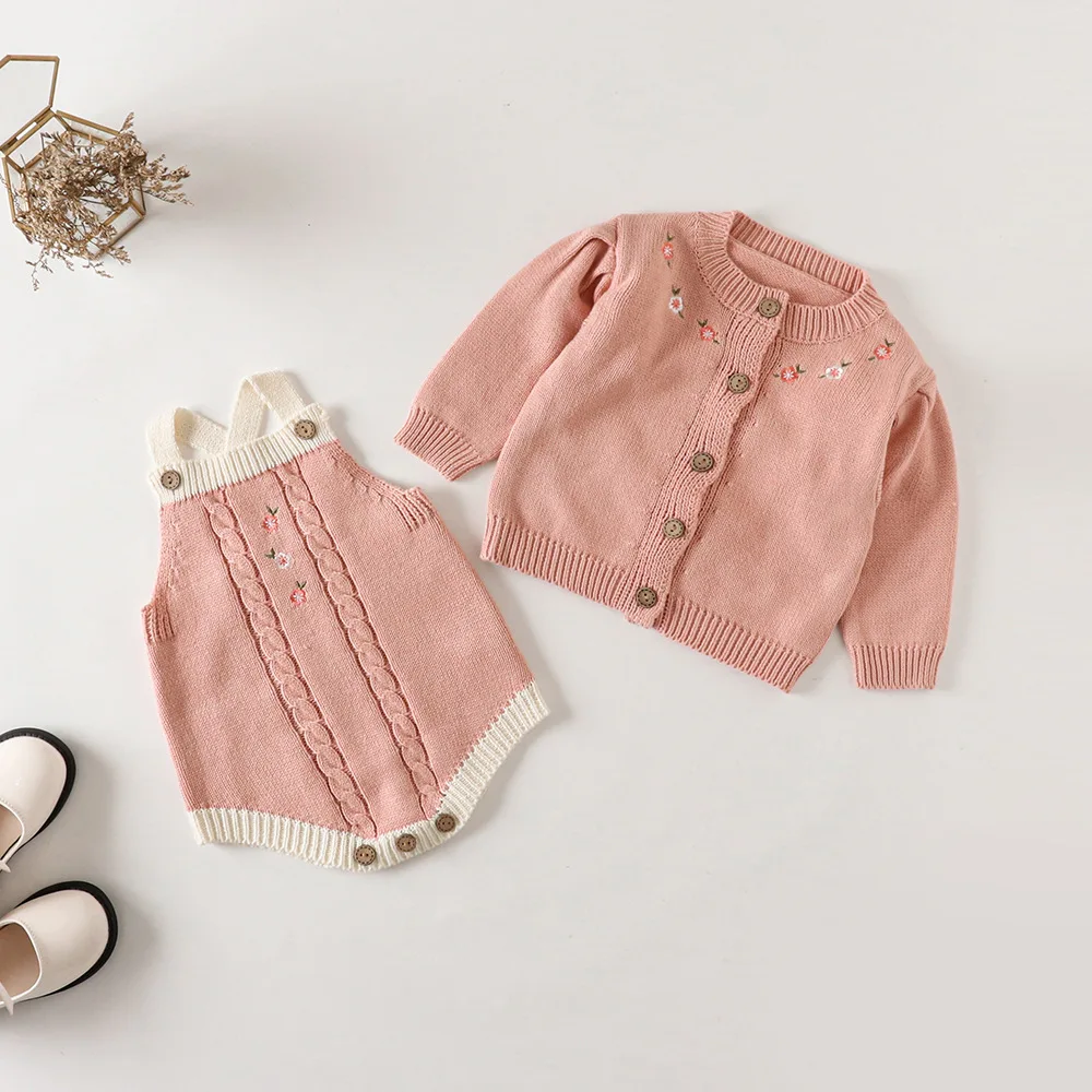 Customized 2023 Baby  Girls Clothes Sets Vintage Pink Floral Cardigan Knit Woolen Sweater O-Neck Children Outwear Coat Romper