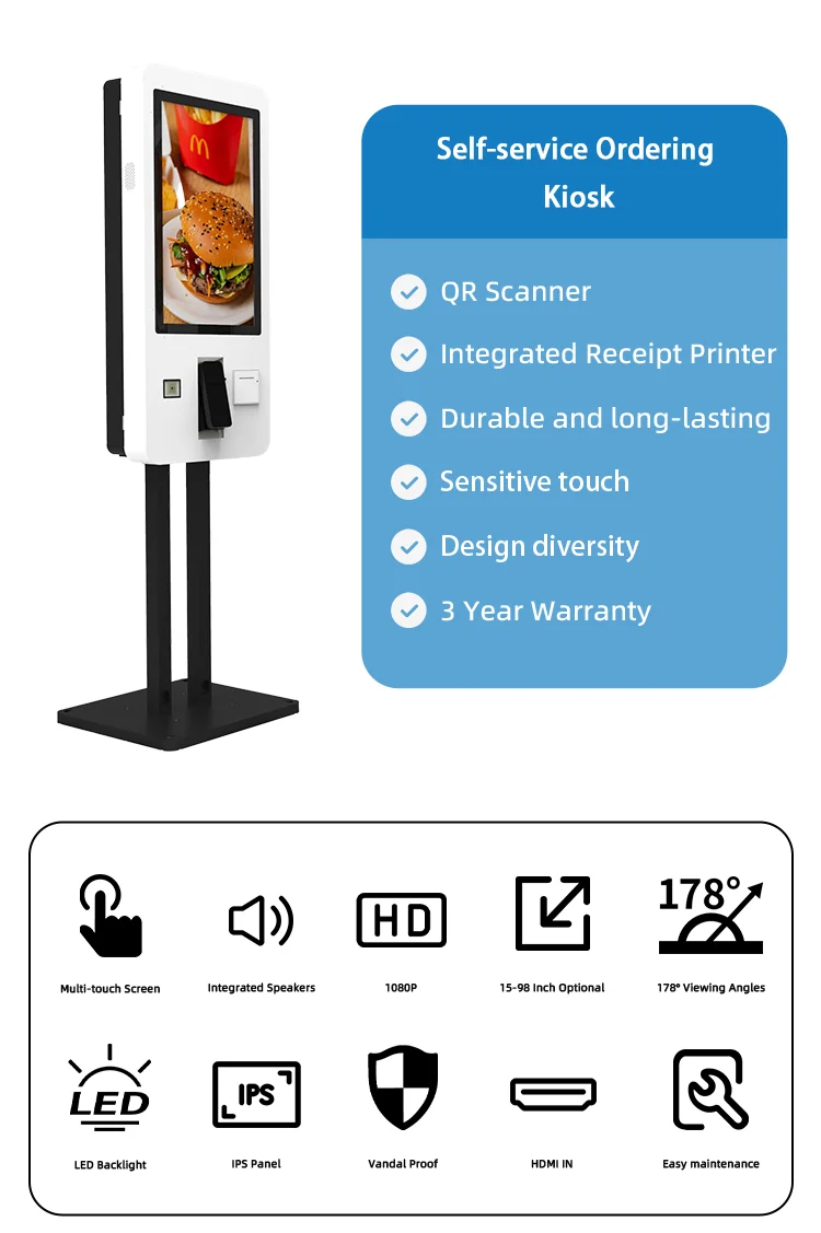 21.5 Inch LCD Self Service Kiosk Restaurant Payment System Touch Screen Ordering System details