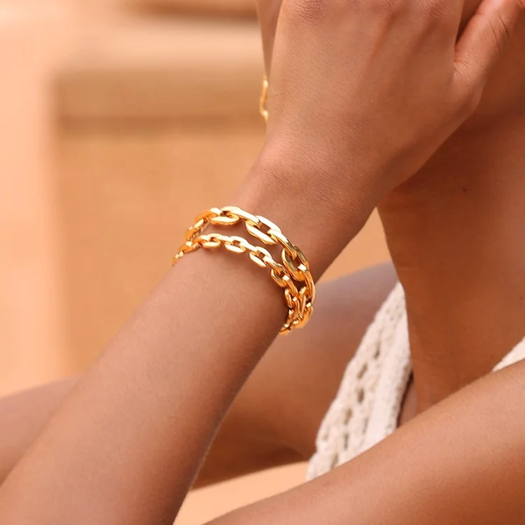 High Quality 18K Gold Plated Brass Jewelry Big Link Chain Accessories Adjustable Cuff Bracelets BF182033