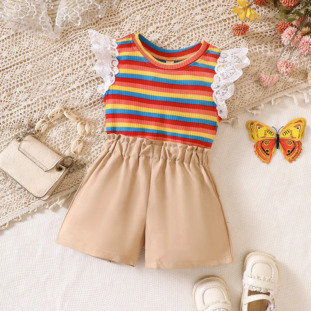 Wholesale toddler girls clothing sets rainbow stripe fly sleeve shirts+shorts casual children two piece summer sets