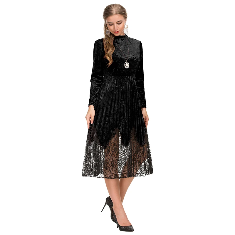 Latest design OEM service elegant full long sleeve winter prom party women velvet lace dress