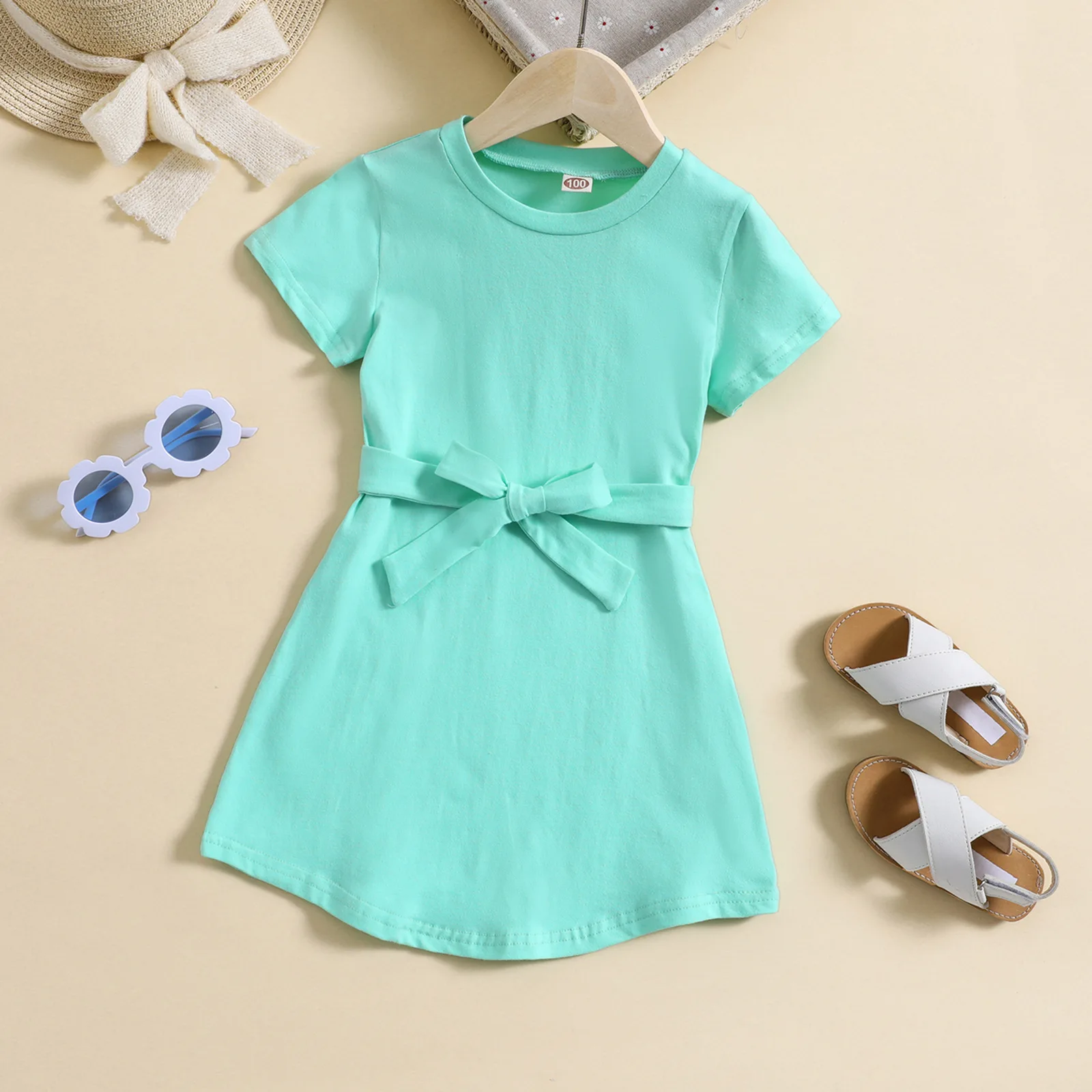 RTS 2023 summer girl's dresses candy-color cotton toddler kids short sleeve bow tie children casual dresses
