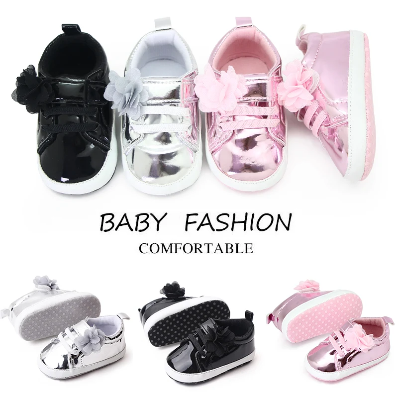 Solid Color Laser Shine Fashion Flower Soft Soled Baby Casual Shoes for Boys and Girls supplier