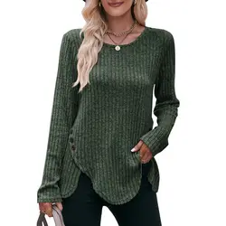 Women Casual Long Sleeve Round Neck Comfortable Tops Fashion Female Pit Strip Frosted Solid Color Button T-shirt
