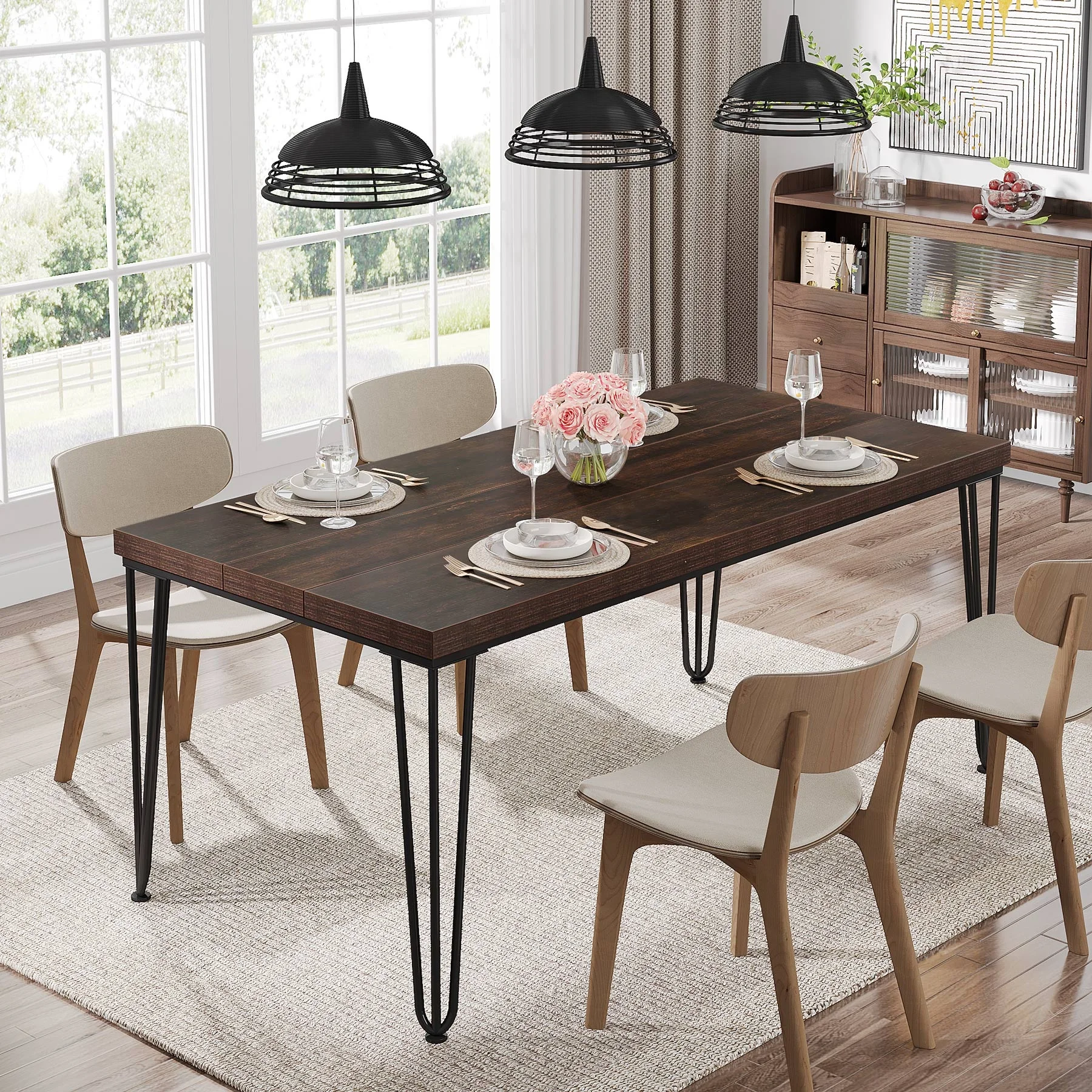 Tribesigns 2023 new style furniture modern simple wood metal brown dining table for 6