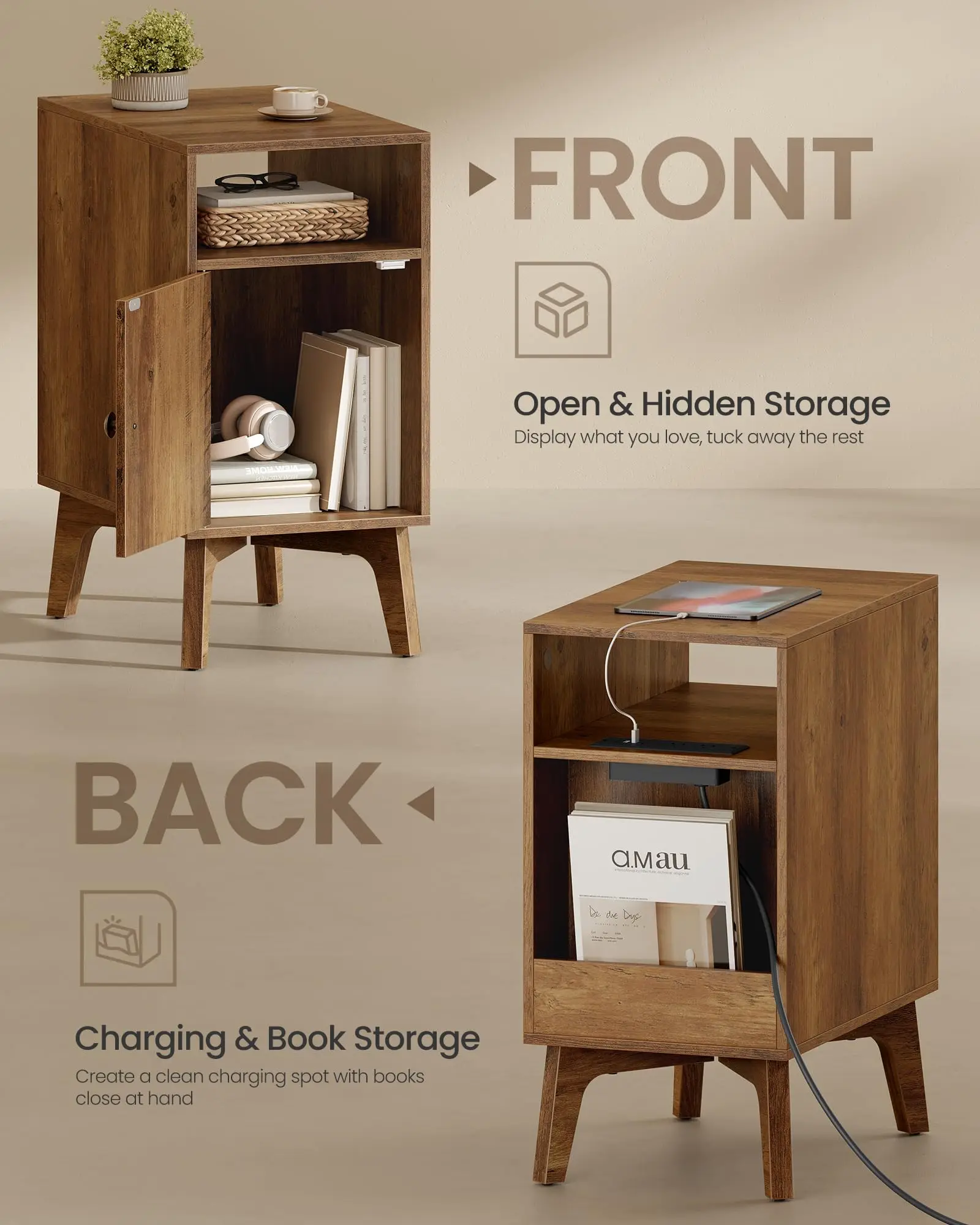product mid century modern nightstand with charging station fluted wooden end table with usb ac outlets cabinet for bedroom living room-5