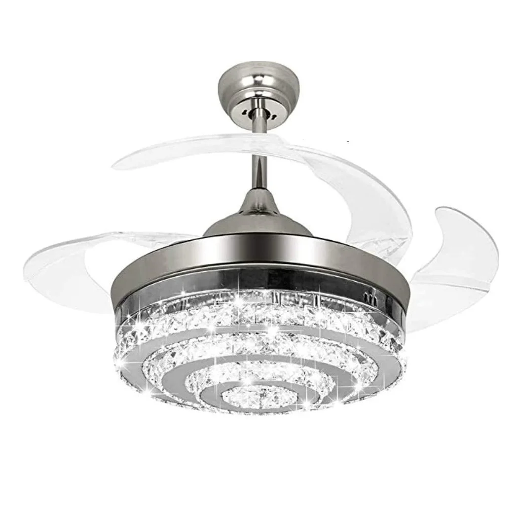 42"Modern Crystal Invisible Blades LED Chandelier Retractable Ceiling Fan+Remote 