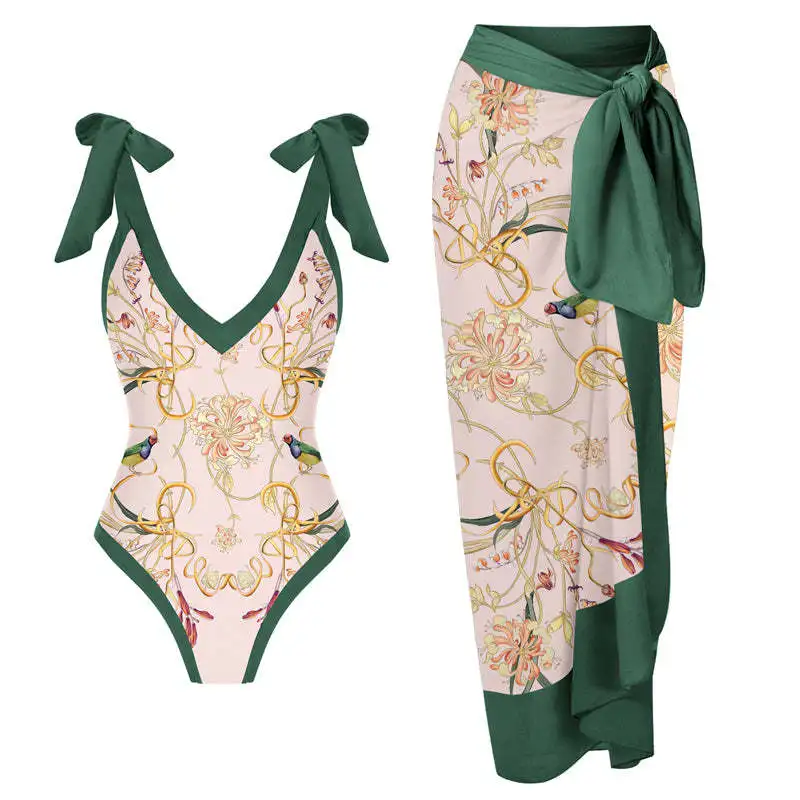 New Arrival Women's Floral Printing Tight Slim Retro One-Piece Bikini Chiffon Skirt Swimsuit Set