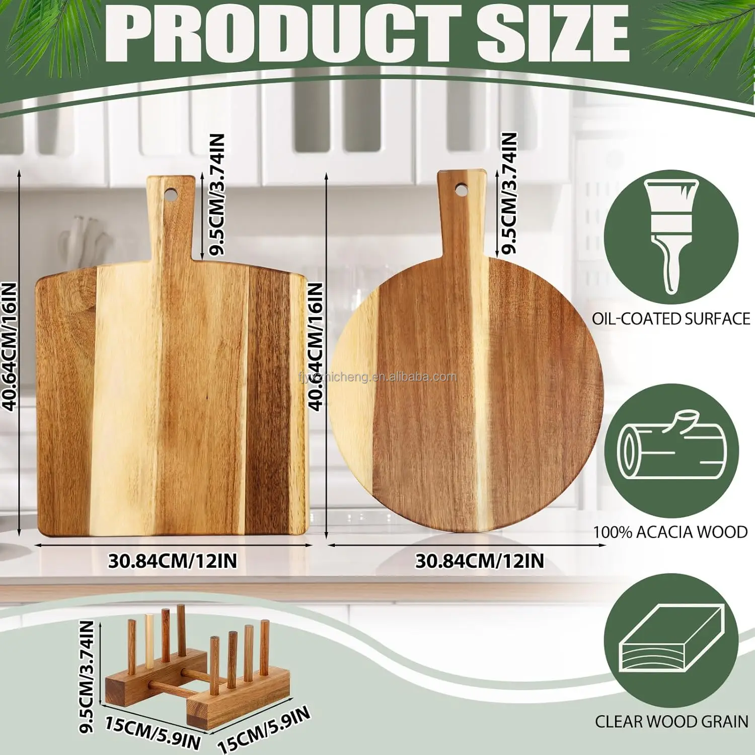 product 2 pack acacia wood square cutting board set with stand 06 inch thick for cheese meat pizza vegetables 16x12 inch-2