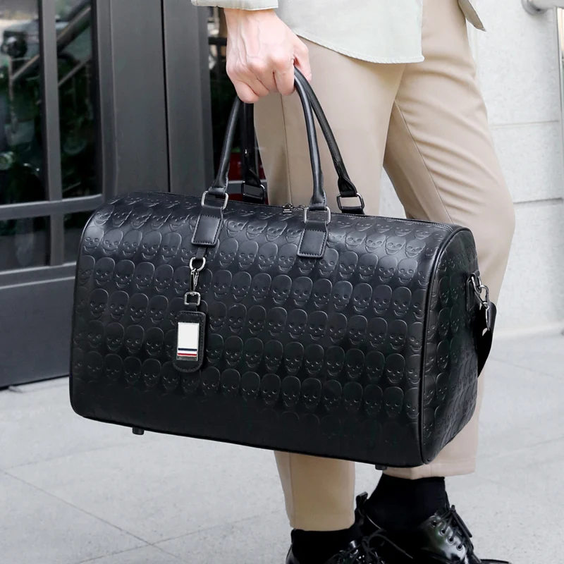 Large Capacity PU Leather Duffle Tote Bag Skull Embossed Print Custom Style Luxury Designer Shoulder Travel Bag Women Men Sport