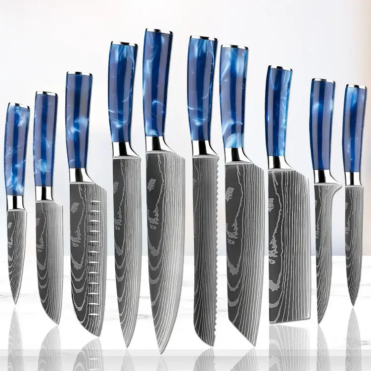 10Pcs Professional Chef Kitchen Knife Set Resin Handle Stainless Stain Damascus Knives for Bread Vegetable Meat Cooking
