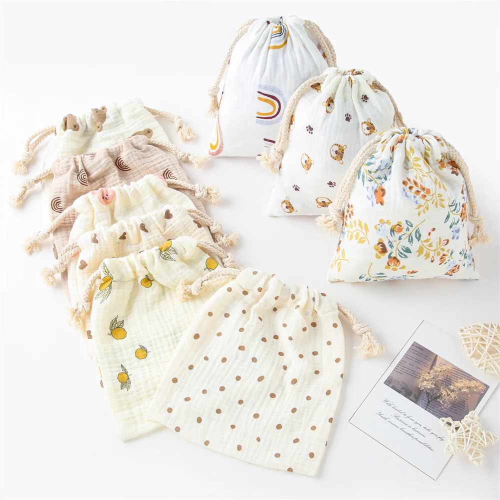Personalized Muslin Baby Bag Teething Toys Bag Double Cotton Muslin Fabric Baby Muslin Drawstring Bag for Baby Shower Gifts