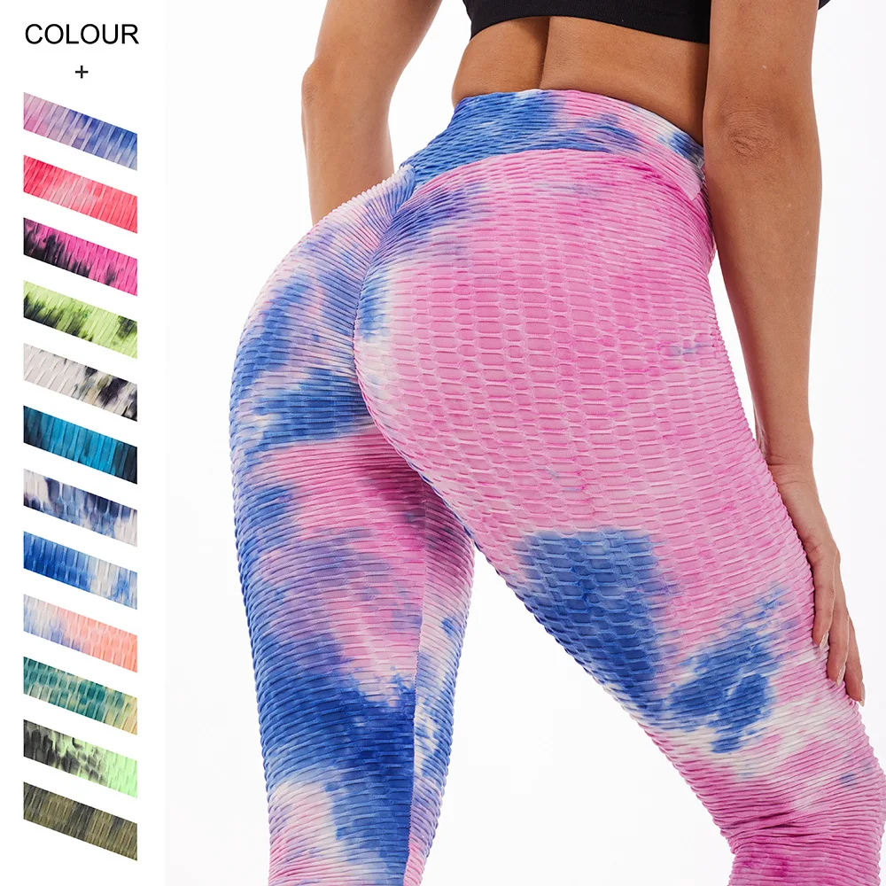 Womens Yoga Pants Tie Dye Ruched Butt Lift High Waist Anti Cellulite Workout Leggings Tummy Control Tights 