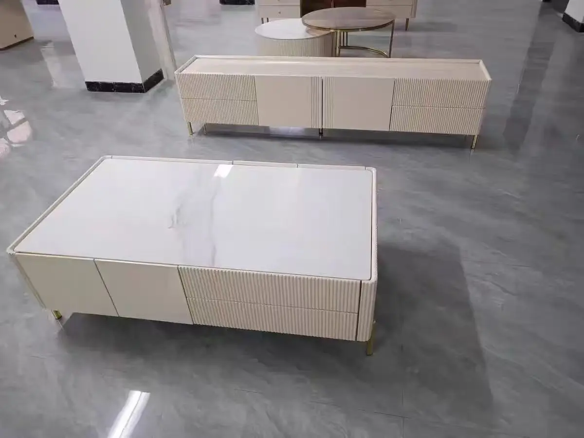 Living Room Furniture Luxury Coffee Table Set TV Cabinet Rock Slab Stone Coffee Table white Wooden Frame TV Stand Center Table