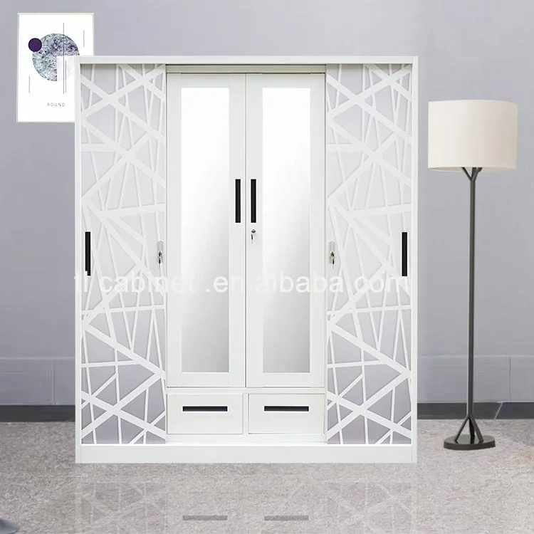 Modern Home Baby Bedroom Iron 4-Door Steel Almirah Wardrobe with Printed Pattern Sliding Metal Door Bedroom Furniture