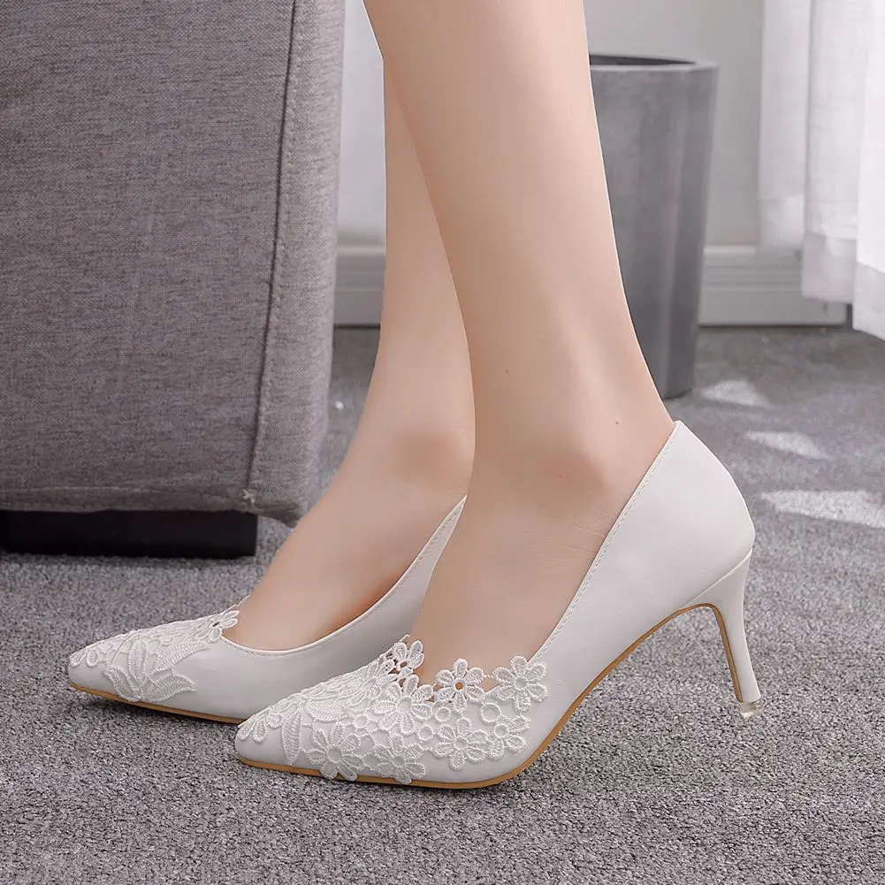 White Lace High Heels Wedding Shoes Bride Party Shoes Women Pumps Platform Ladies Sandals Bridal 7CM Shoes Ankle Strap Wedges