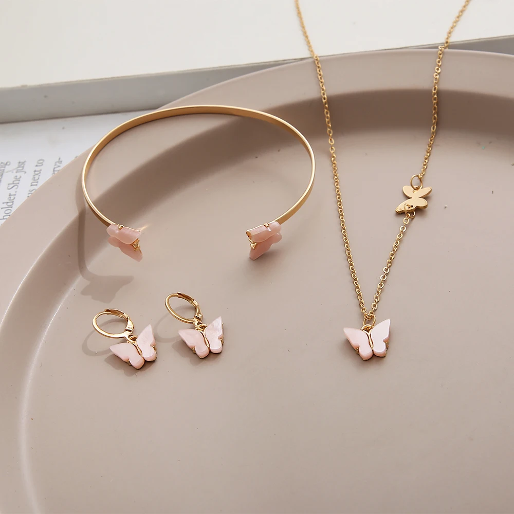 3Pcs girl fashion new dripping oil alloy butterfly bracelet earrings necklace set pink white jewelry set Christmas gift