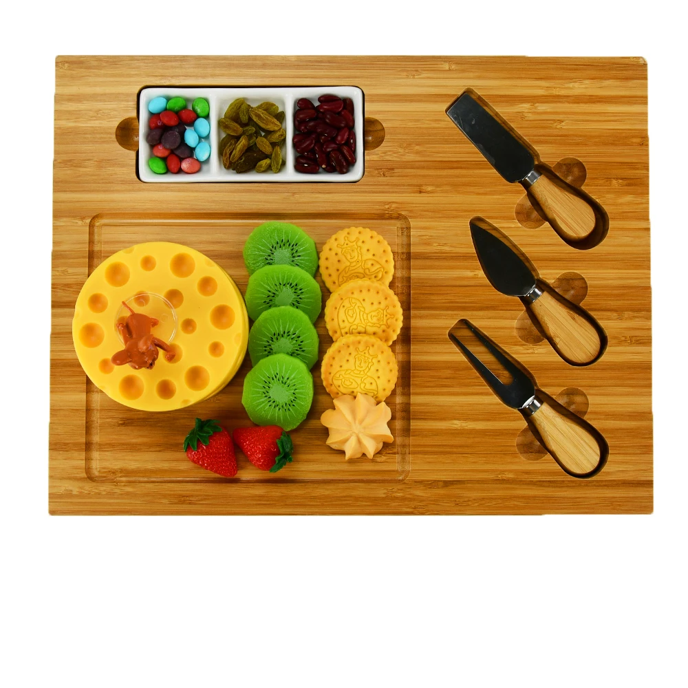 Wholesale wood Hot Sale Unfinished Durable Yangjiang Smirly Bamboo Square Cheese Board Knife Set With Bowls