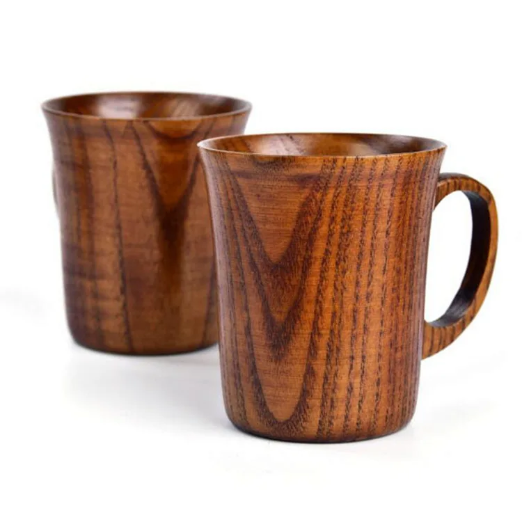 H192  Office Water Beer Milk Carved Mug with Handle Natural Handmade Wood Cups & Saucers