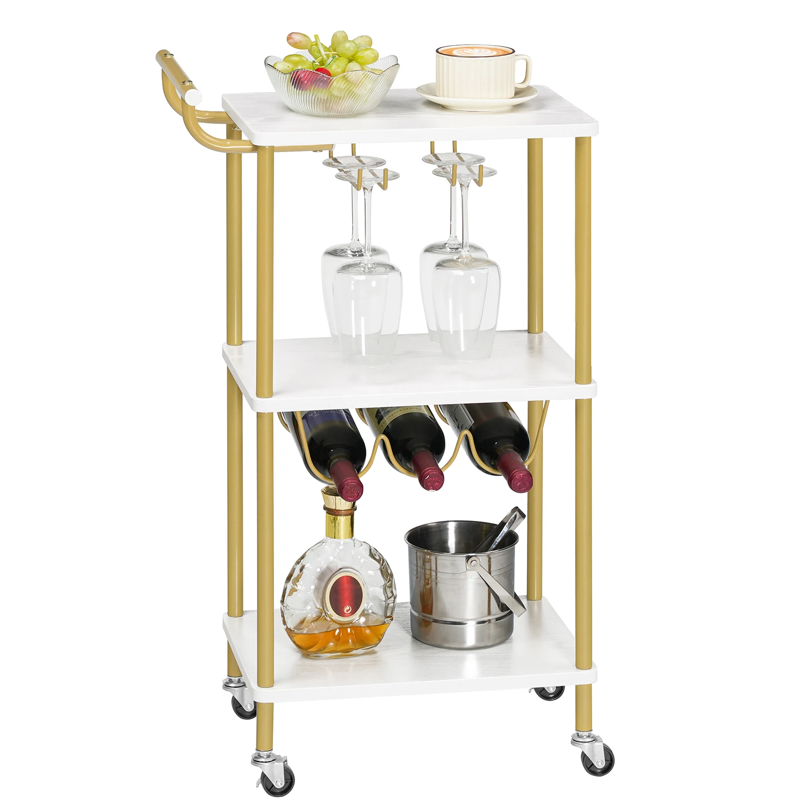 Wholesale Gold and White 3 Tier Bar Cart Kitchen Serving Carts Rolling Trolley Bar Cart Kitchen Trolley on Wheels with Wine Rack