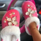 Autumn And Winter Women's Red Furry Clog Shoe Gold Letters Plush Croc Shoes