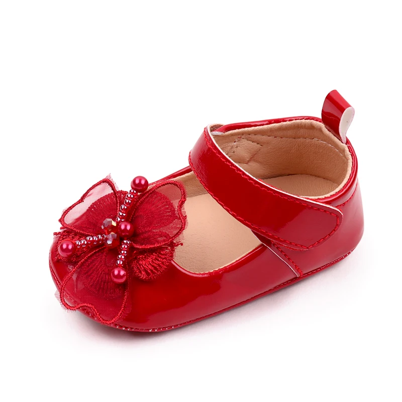 Solid Color PU Leather Veil Quality Flowers Pearl Stamen Elegant Princess Toddler Shoes for Baby Girls manufacture