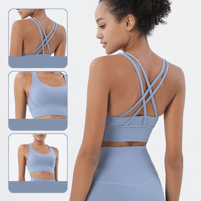 Hot Sell Recycled Custom High Quality Top Women Gym Fitness Light Blue Square Neck Seamless Sports Bra