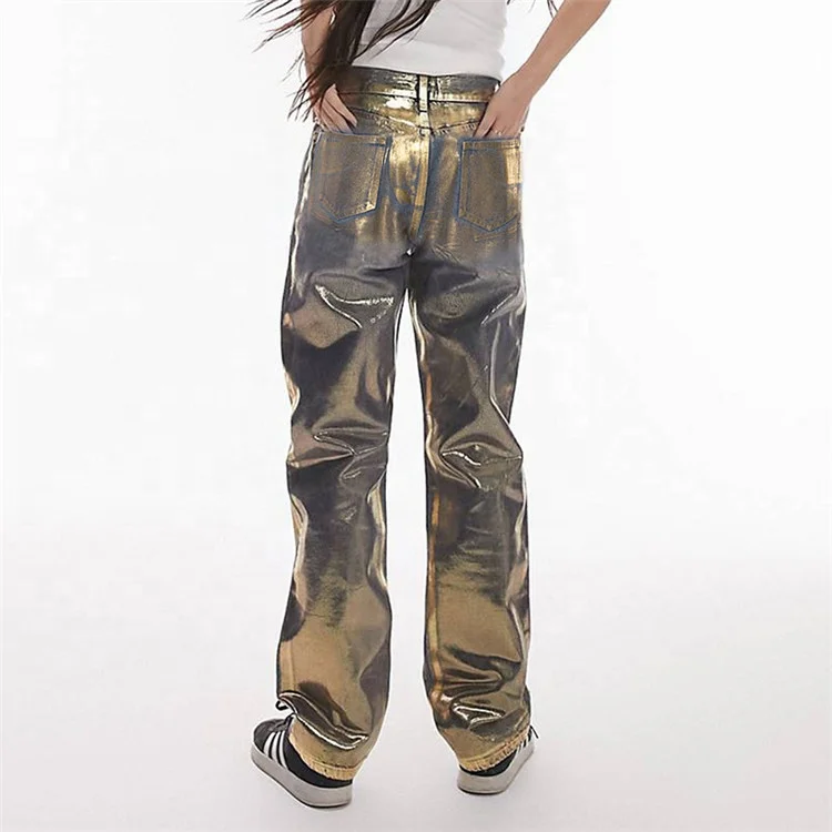 Metallic High Waist Straight Jeans Women 2023 Autumn New Printing Loose Straight Leg Denim Pants