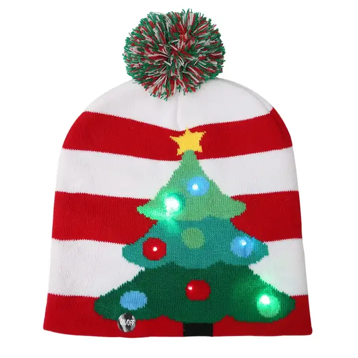 stock Led Christmas Hat Light-Up Sweater Knitted Santa Christmas Gift  Christmas Hats with flashing  Leds Lights