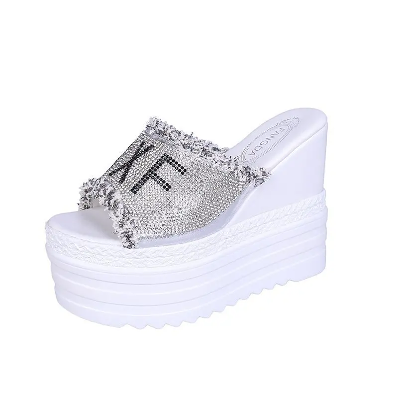 34-39 New Summer Women's Shoes High Heel Thick Sole One Word Mop Cake Bottom Wedge Water Diamond Sandals