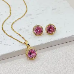 Fashion Jewelry Set New Luxury Women Real Gold Plated Circle Zircon Pendant Necklace And Earrings Set For Gift