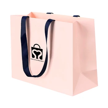 Grosgrain Handles Gift Packaging Paper Shoes Bag Special Design Pink Offset Printing Art Paper Shopping Paper Bags