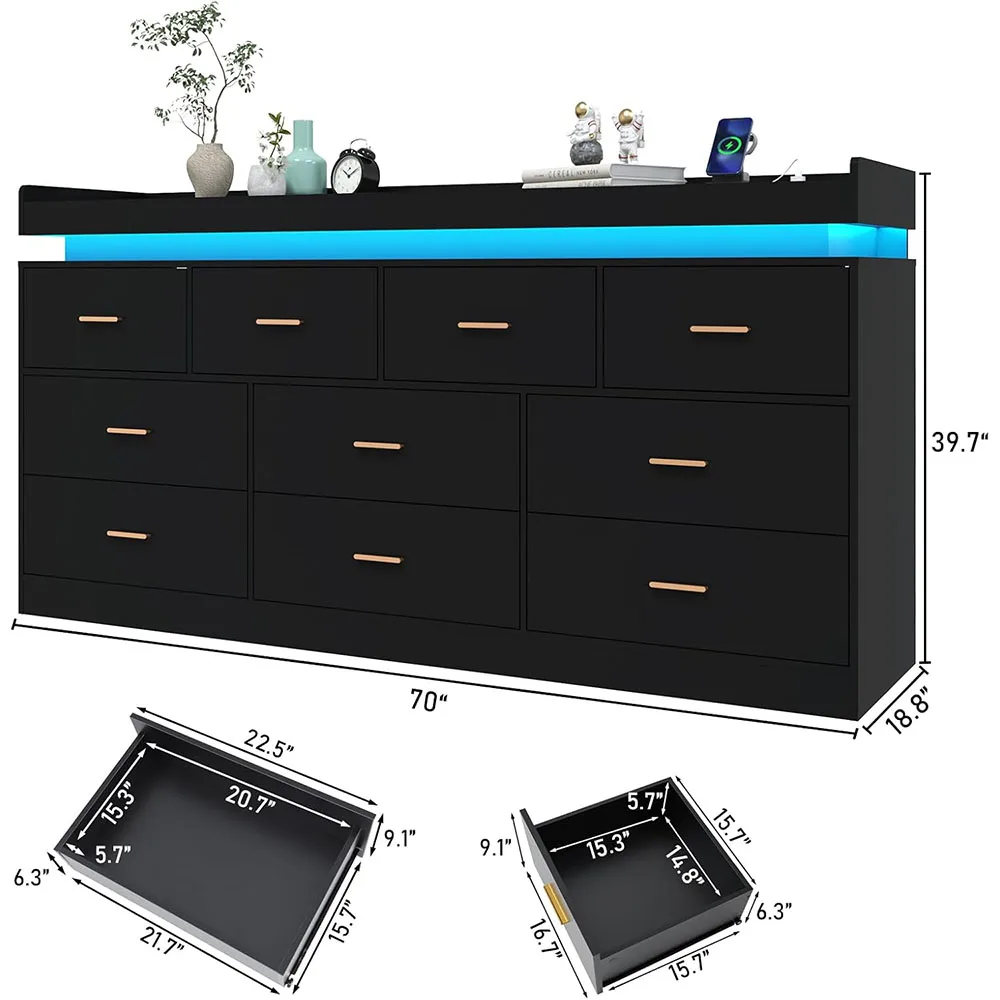 product 10 drawer wood dresser led light charging station modern chest drawers closet wide drawer organizer cabinet living room entryway-1