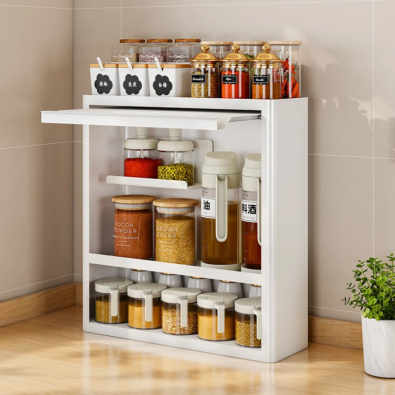 Sliding door modern kitchen Spice cupboard rack countertop 4 Tier seasoning jars organizer boxs holder storage Bottles shelf