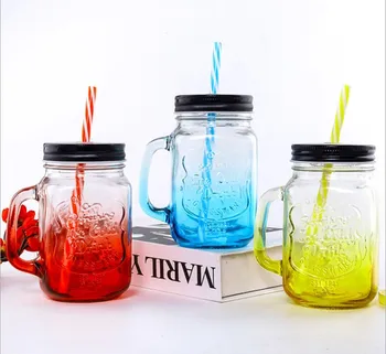 Wide mouth for cold drinks suitable for children and adults, glass Mason jar with handle with lid and straw