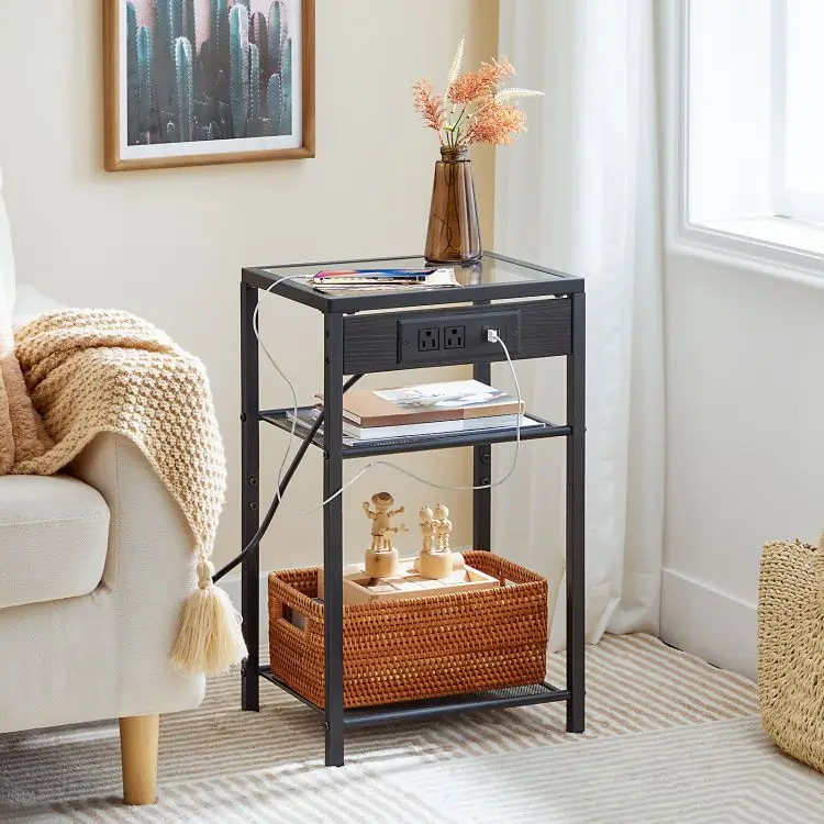 Wholesale Gold and Black Living Room Glass Side Bedside Tables Modern 3-Tier Nightstands with Storage Shelves Charging Station