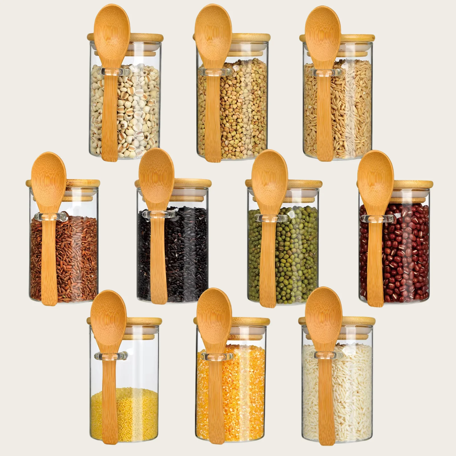 HOME 280ml Glass Multifunctional Kitchen Glass Food Container with Spoon Bamboo Lid Seal-for Spices Jars