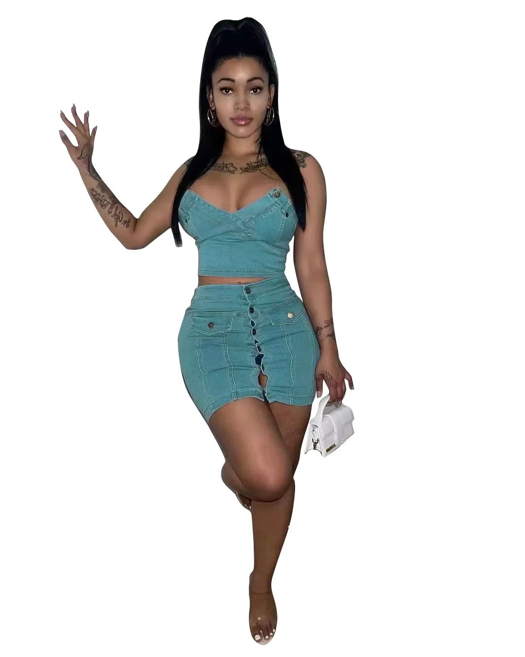 Latest Design Cotton Wash Denim Outfit for Women Sexy Strapless Crop Top High Waist Button Jean Mini Skirt 2 Piece Set supplier