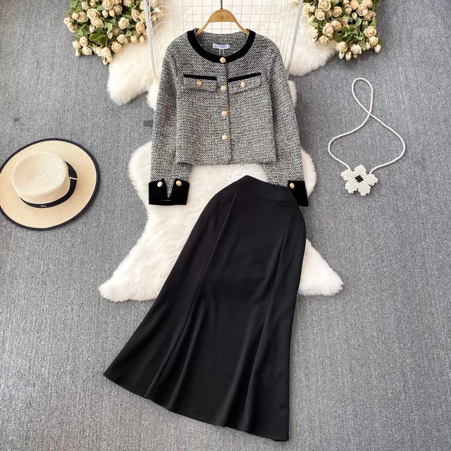 2023 high quality two piece set elegant classic round neck crop jacket coat and high waist long skirt 2 piece ladies suit