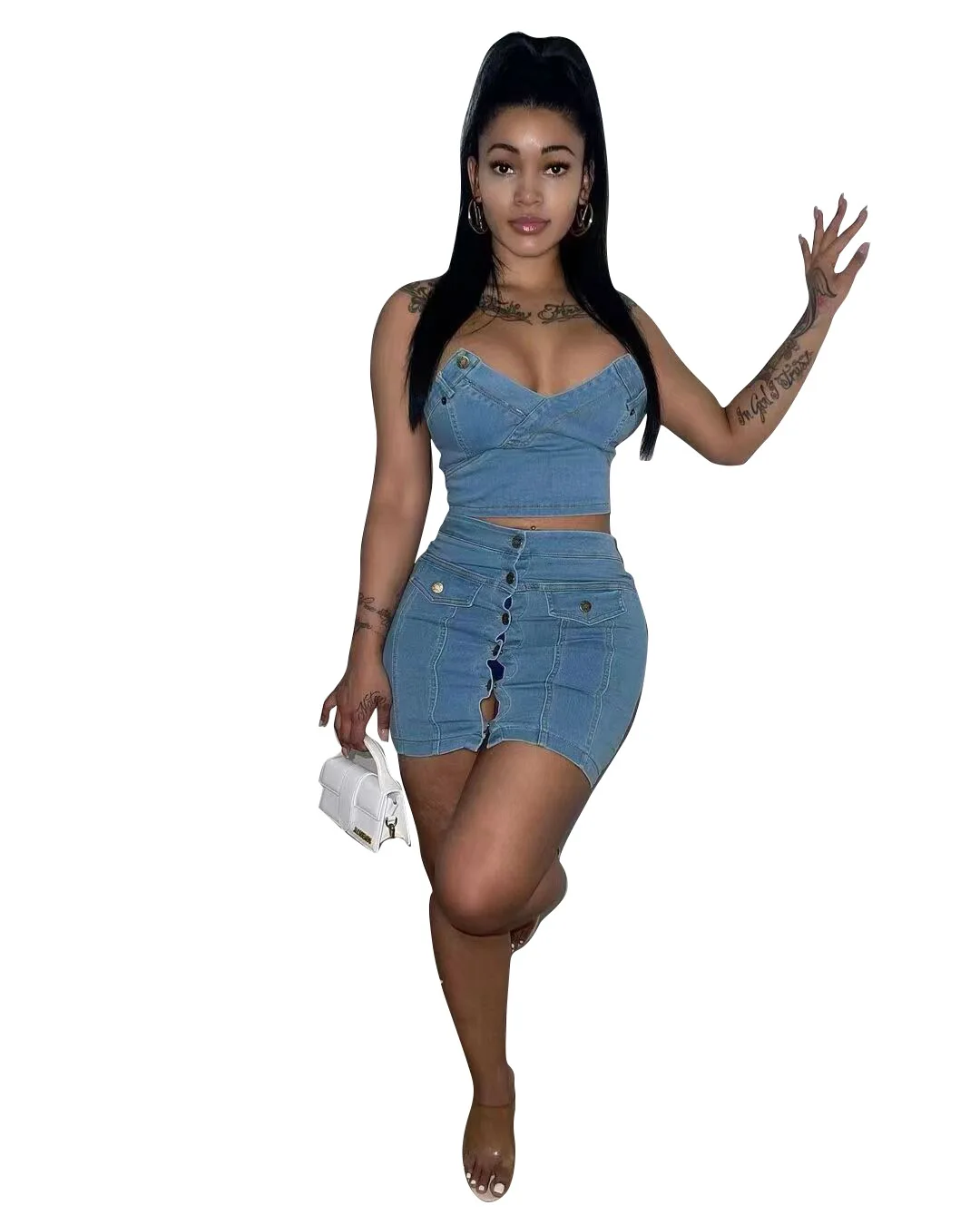 Latest Design Cotton Wash Denim Outfit for Women Sexy Strapless Crop Top High Waist Button Jean Mini Skirt 2 Piece Set factory