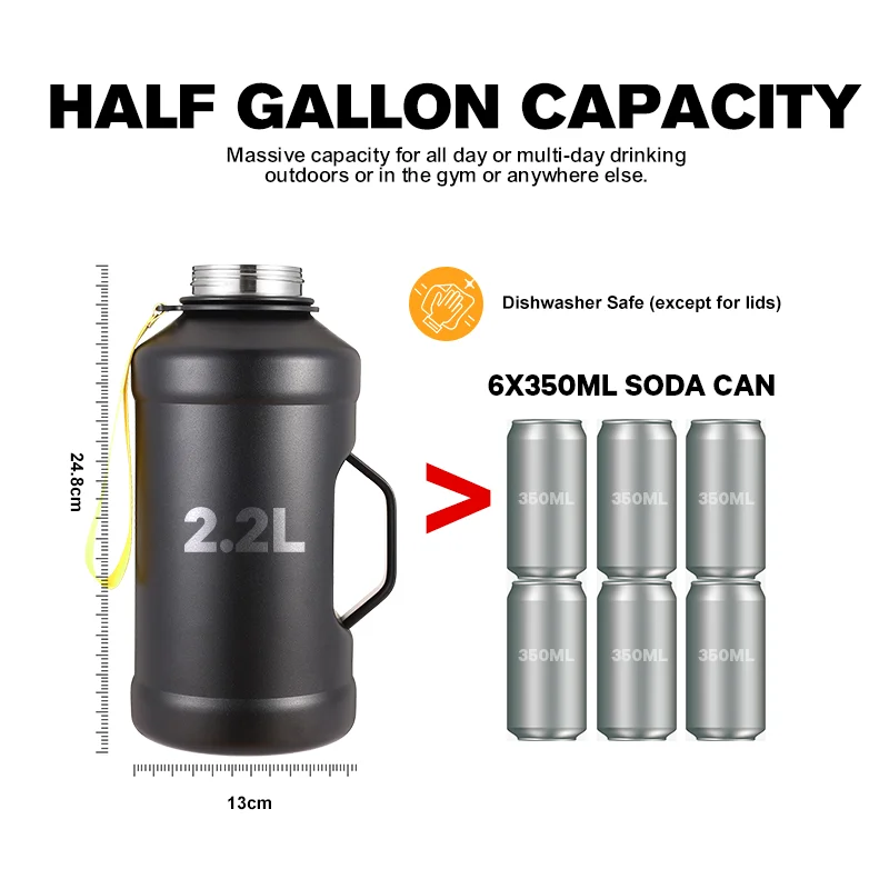 2024 New Arrival Half Gallon 2.2L Stainless Steel Sports Gym Bottle Water Jug With Handle