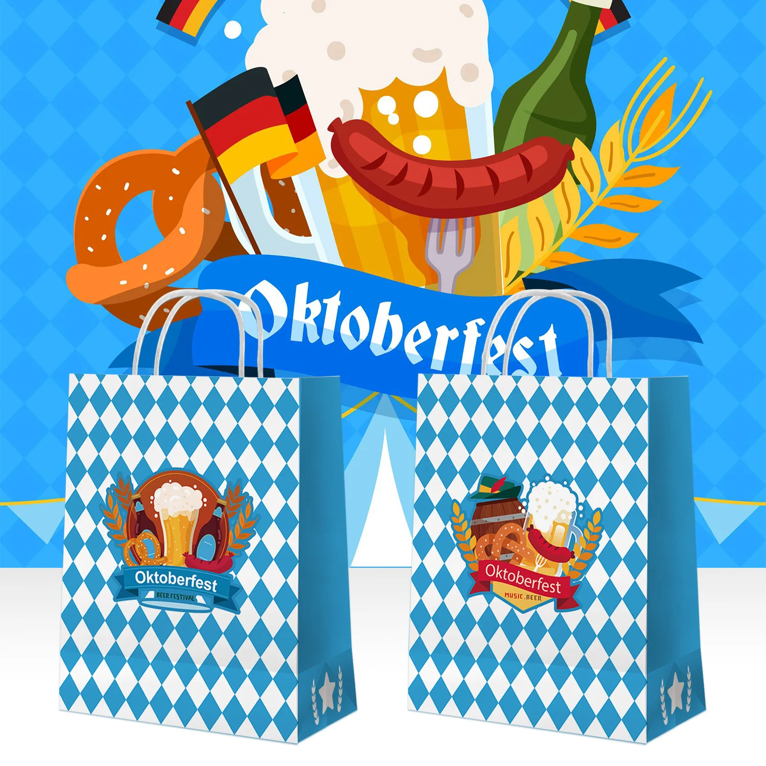 Oktoberfest Theme Holiday Gift Bag Portable Kraft Paper Bag Party Decoration Supplies Set