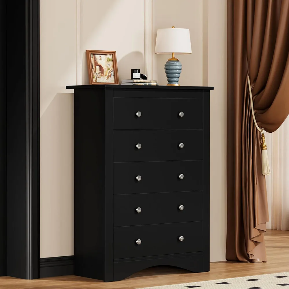product tall modern wooden dresser with 5 drawers mdf panel storage for bedroom and living room black-6