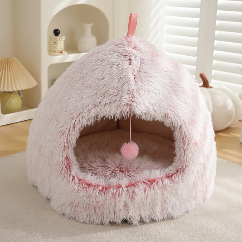 product fluffy dog cat cave bed with ball toys multi colors doggy cat sleeping bed indoor cat house-60