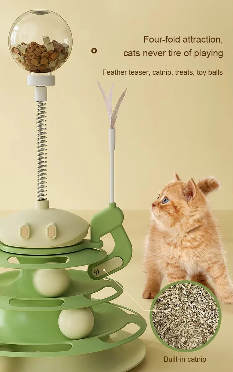 New 4-in-1 Cat Turntable Leaky Food Toy Jiggle Ball with Feather Teasing Stick Four-story Cat Tower Track Cat Toy Pet Products supplier
